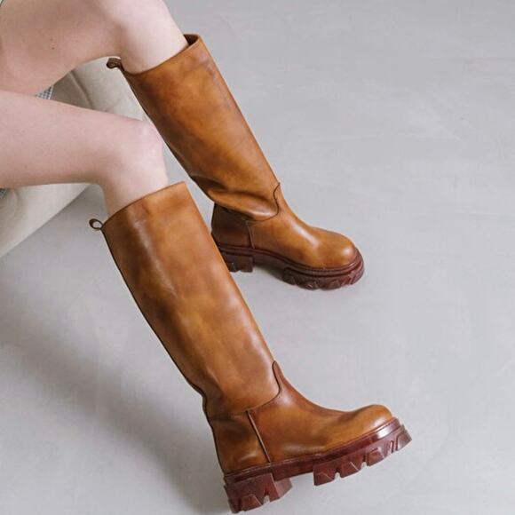 Jonak Rocket Knee High Leather Boots in Cognac Lug Sole Euro Size 41 US 10 - Picture 1 of 16